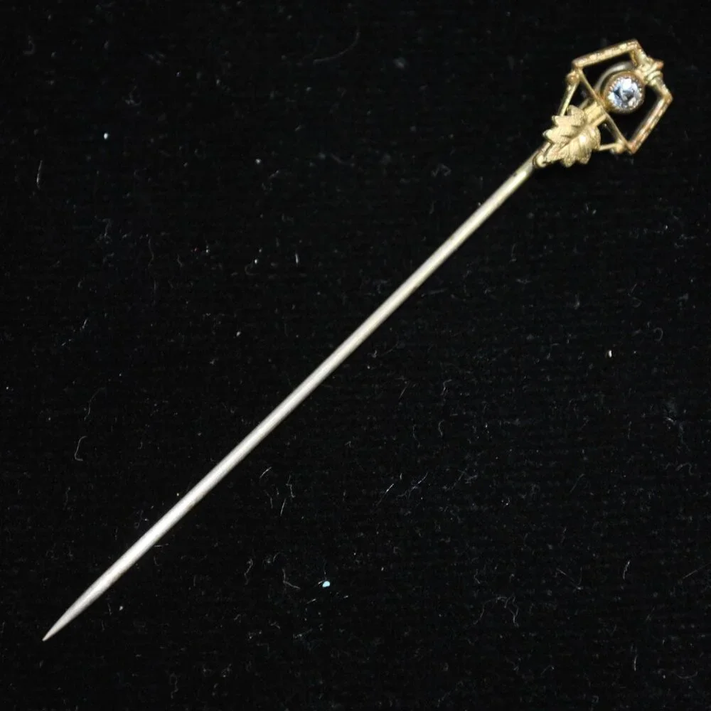Antique Golden Edwardian Stick Pin with Paste Stone & Leaf